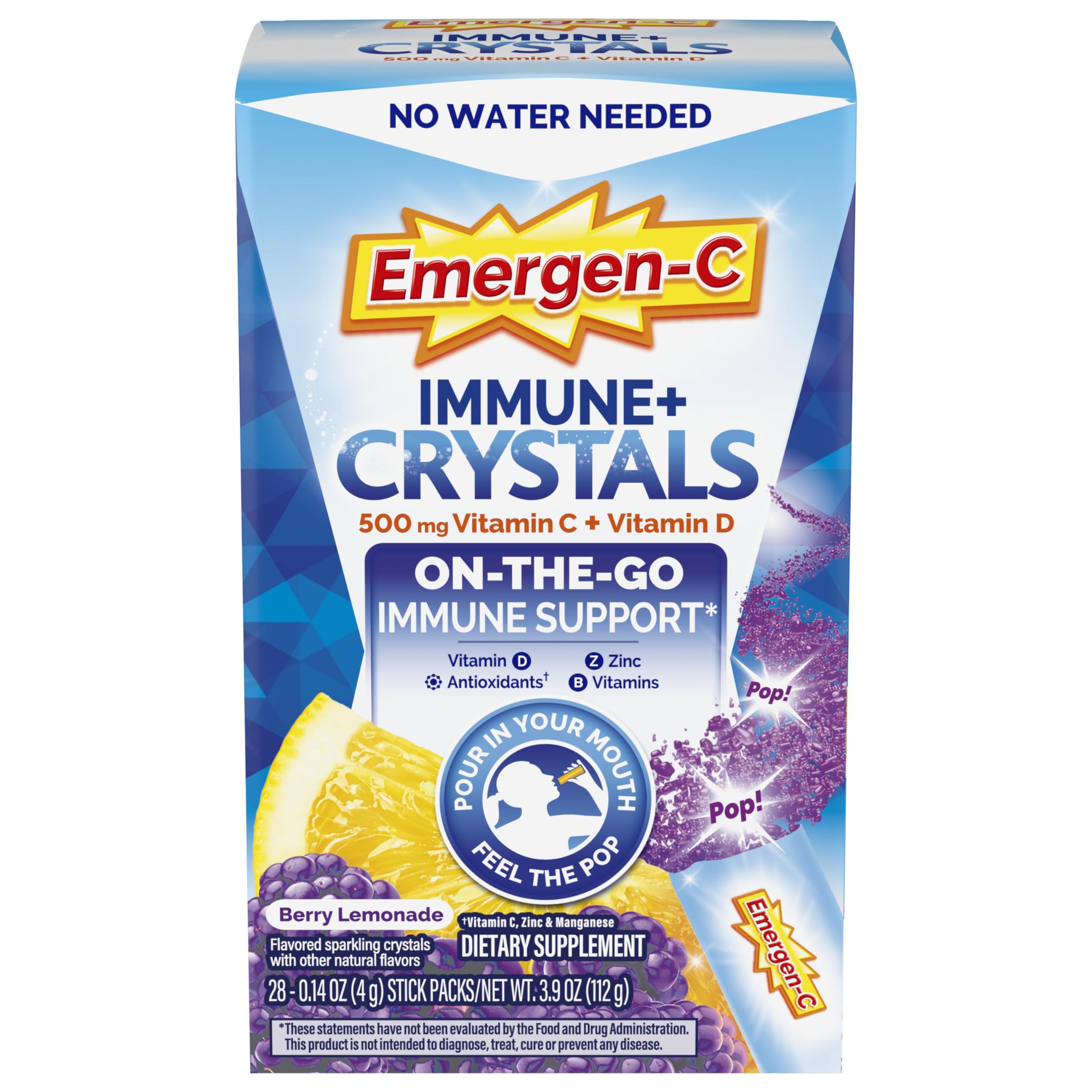 Emergen-C frente del empaque mostrando 28 stick packs y sabor Berry Lemonade