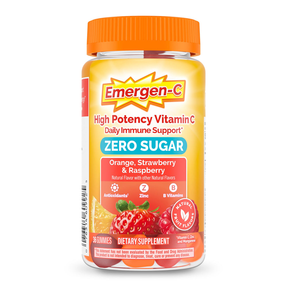Emergen-C envase frontal mostrando 36 gomitas y sabores mixtos para conveniencia diaria