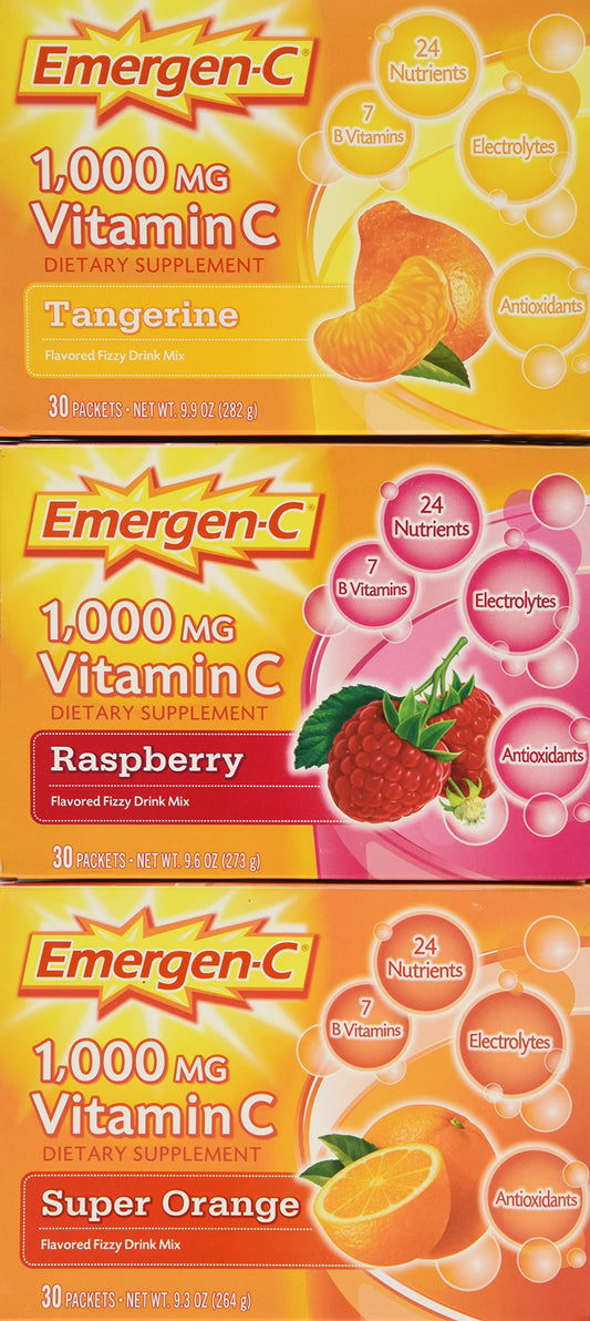 Emergen-C frente del paquete mostrando 90 sobres y variedad de sabores conveniente