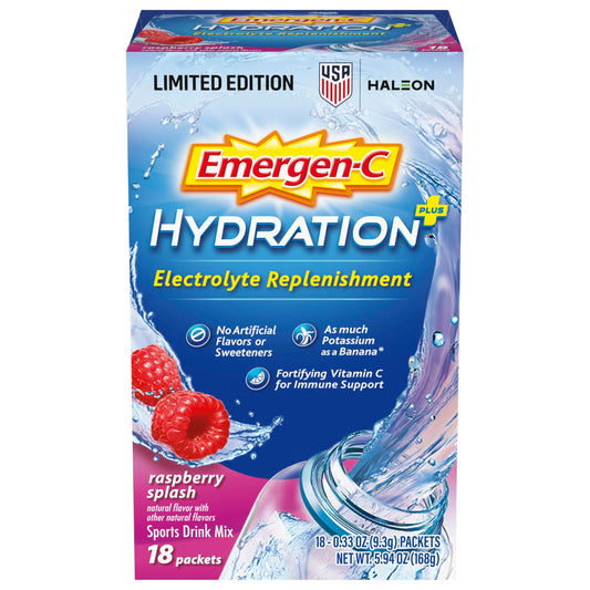 Emergen-C caja frontal Raspberry mostrando sobres y beneficios rápidos
