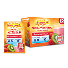 Emergen-C empaque frontal mostrador, información clara del producto y conveniencia