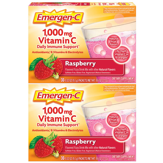 Emergen-C paquete frontal frambuesa mostrando 60 sobres y beneficio conveniencia