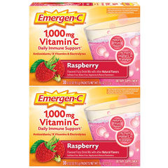 Emergen-C paquete frontal frambuesa mostrando 60 sobres y beneficio conveniencia