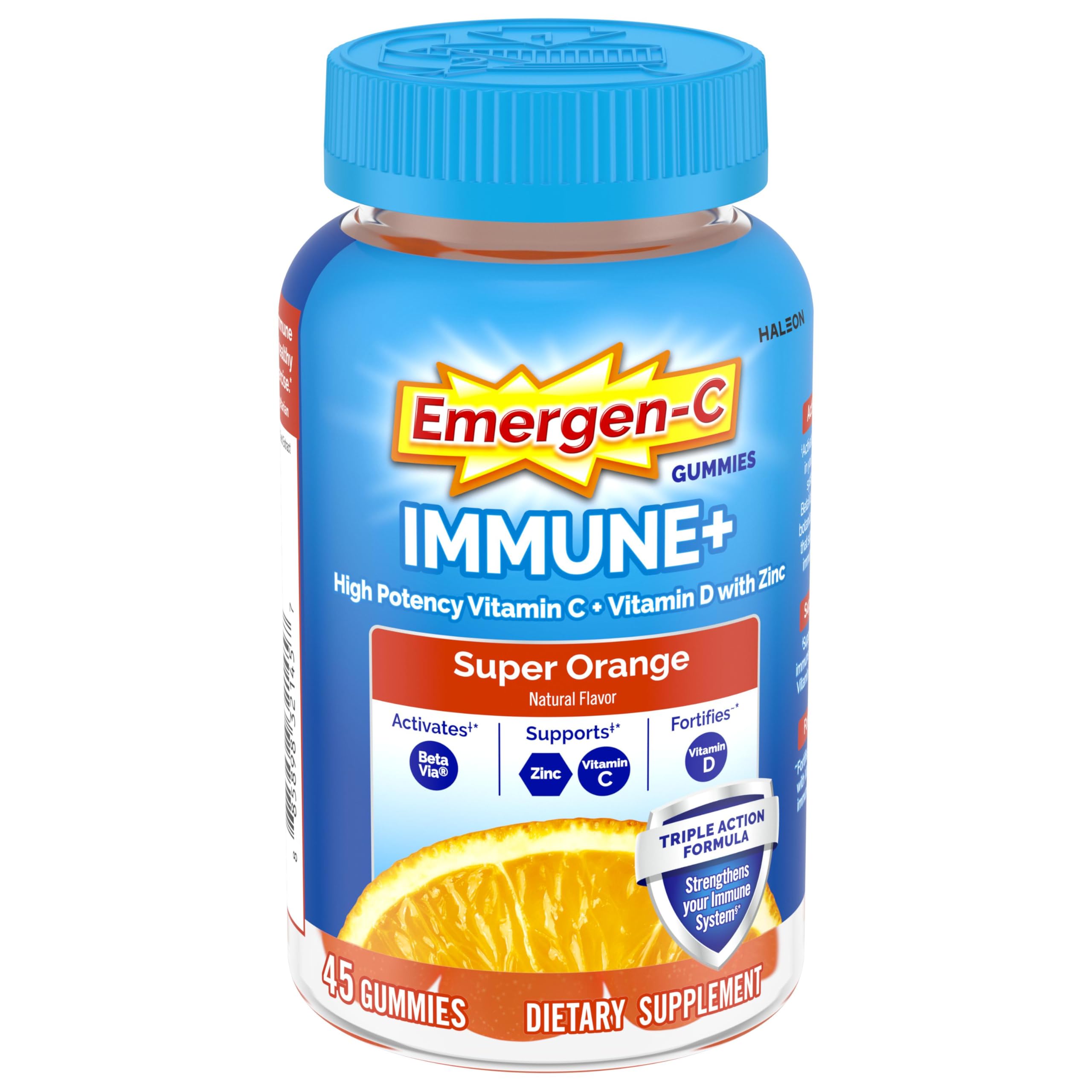 Emergen-C frasco frente naranja mostrando la marca y beneficio inmunológico