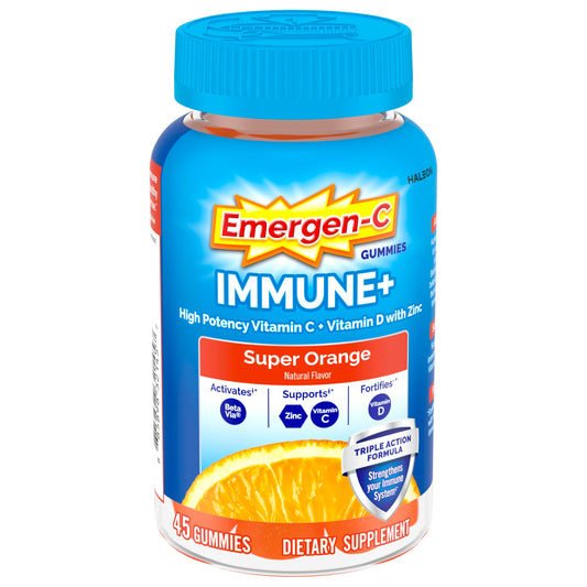 Emergen-C frasco frente naranja mostrando la marca y beneficio inmunológico