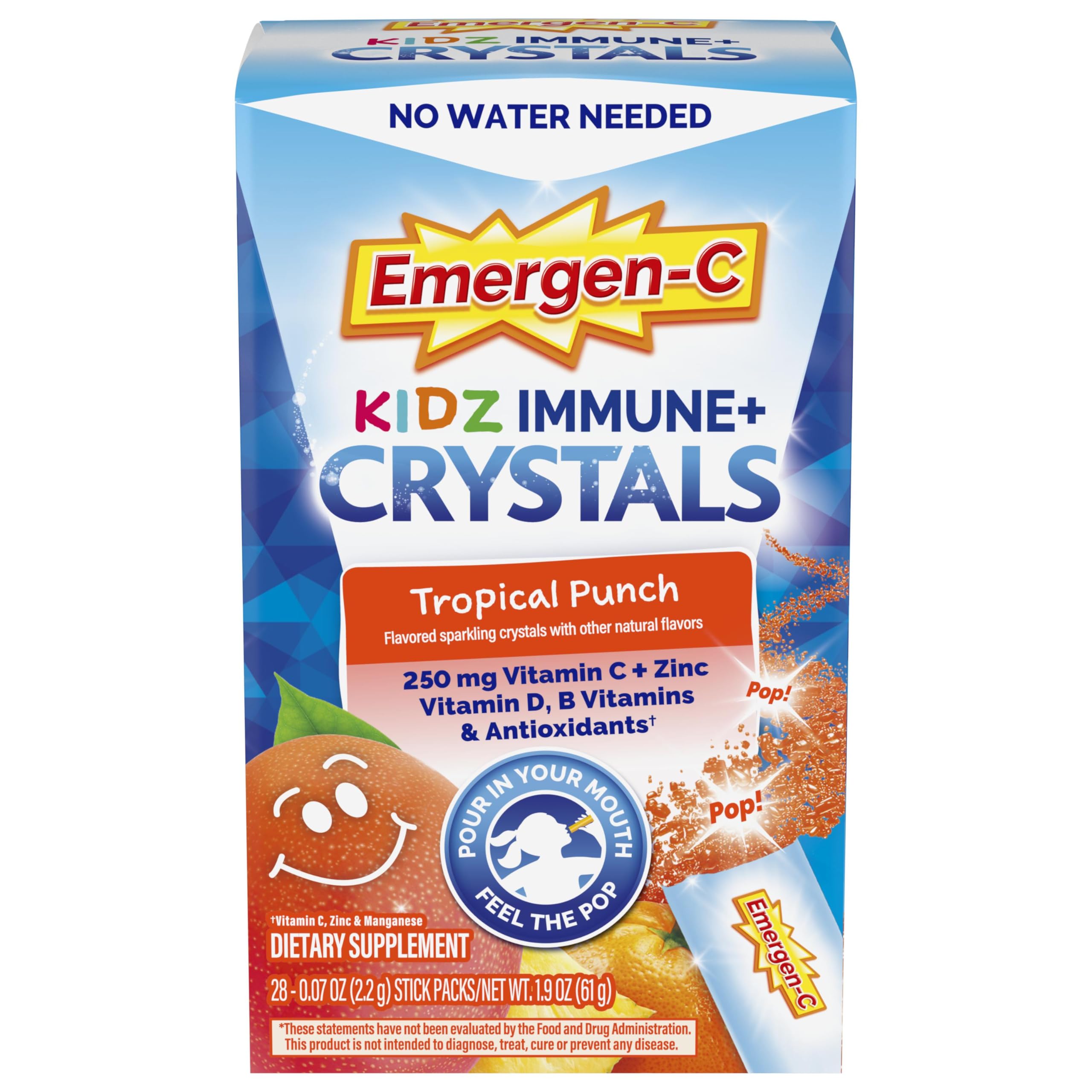 Emergen-C Kidz frente del paquete mostrando 28 sobres, conveniencia portátil
