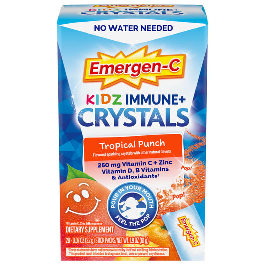 Emergen-C Kidz frente del paquete mostrando 28 sobres, conveniencia portátil