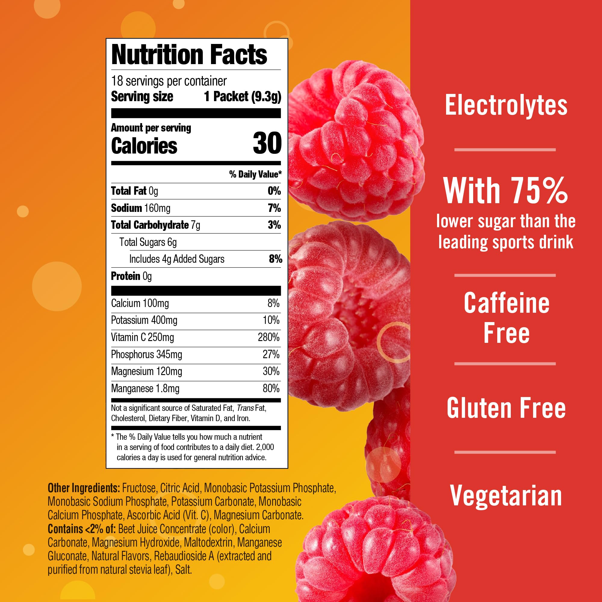 Emergen-C etiqueta de ingredientes destacando vitamina C y electrolitos