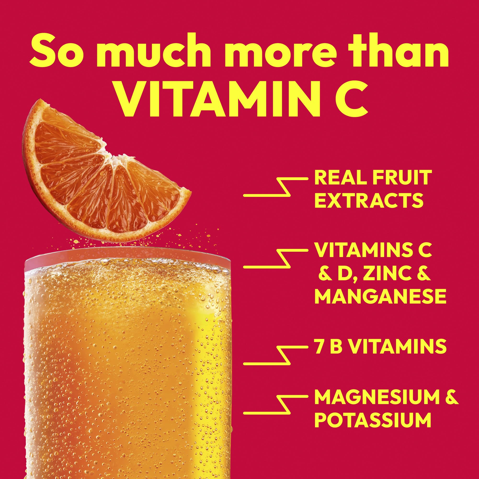 Emergen-C polvo disolviéndose en agua en vaso, bebida vitaminada lista