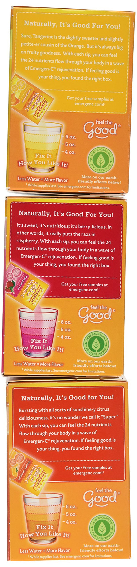 Emergen-C polvo en primer plano y vaso efervescente preparado, hidratación rápida