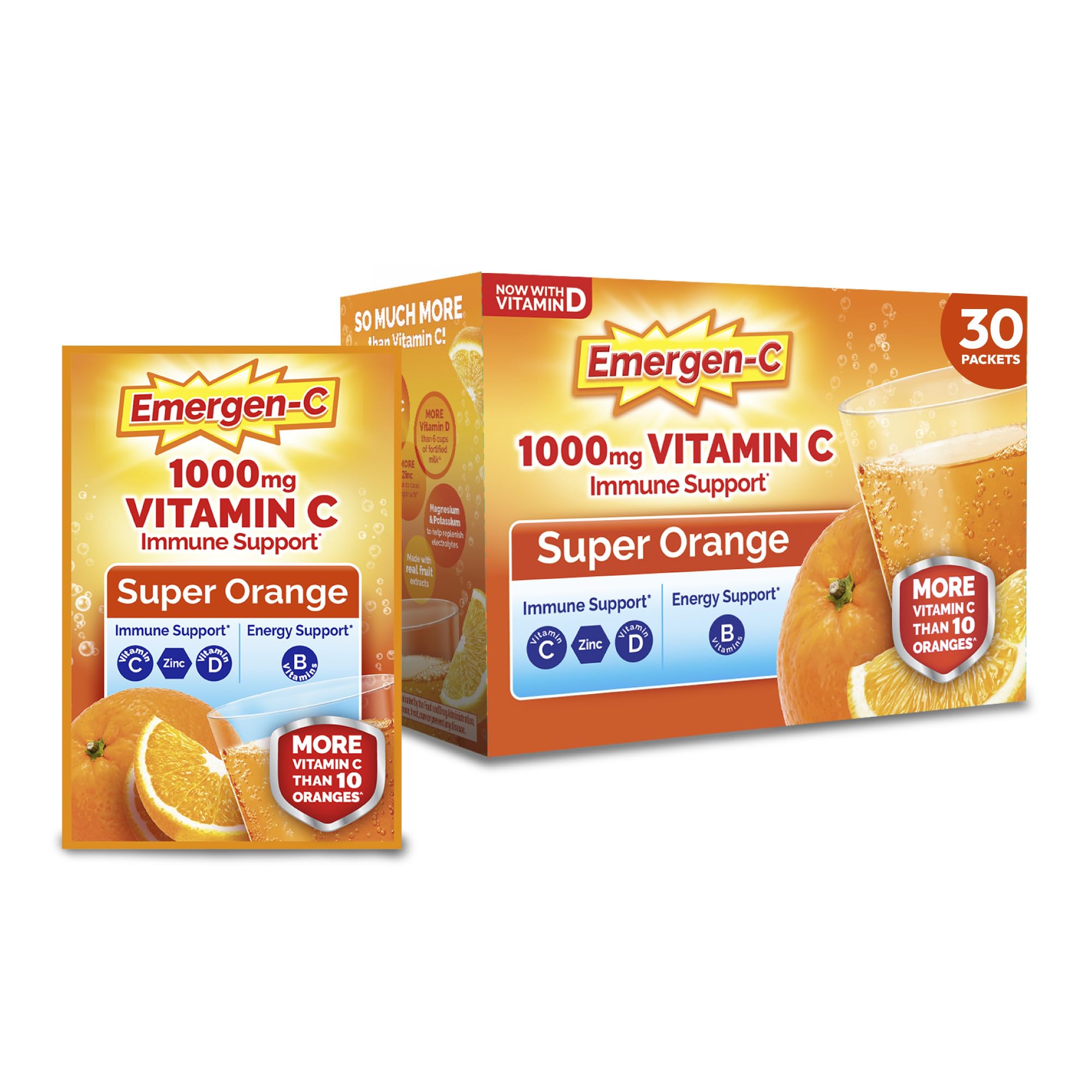 Emergen-C frontal caja Super Orange mostrando presentación y beneficios
