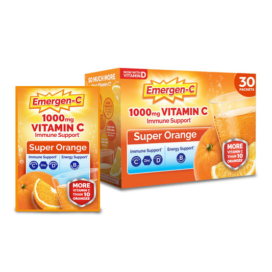Emergen-C frontal caja Super Orange mostrando presentación y beneficios
