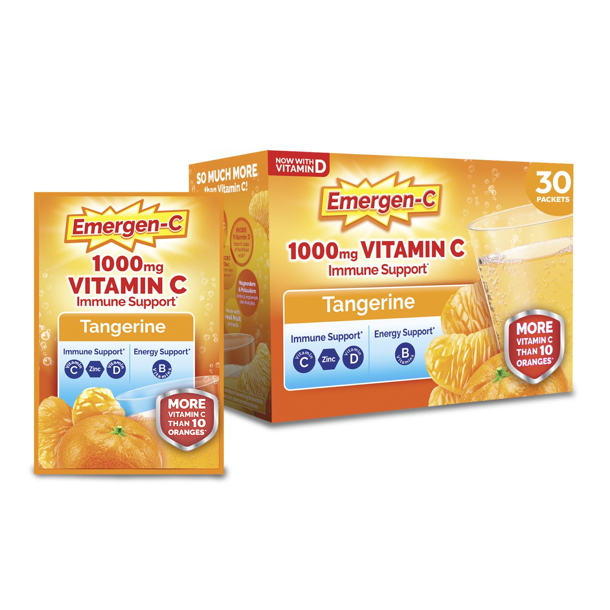 Emergen-C empaque frente mostrando 30 sobres y sabor tangerina, fácil transporte