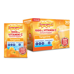 Emergen-C empaque frente mostrando 30 sobres y sabor tangerina, fácil transporte