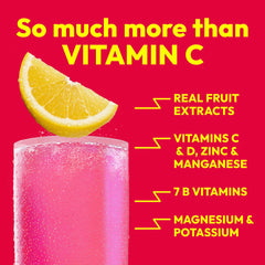 Bebida efervescente Emergen-C en vaso rosa que refresca y repone electrolitos
