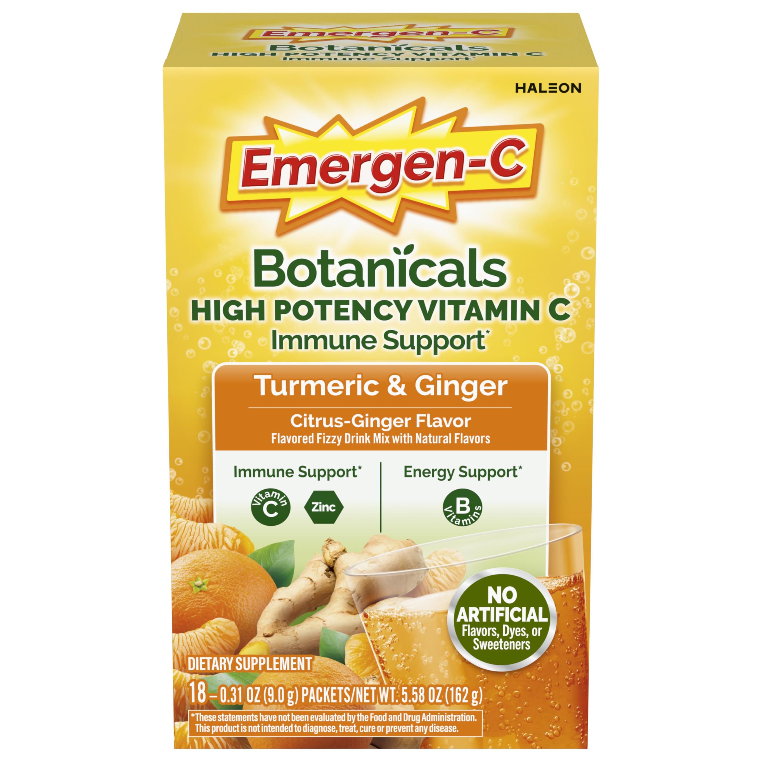 Emergen-C caja frontal Citrus-Ginger mostrando sobres y beneficios inmunológicos