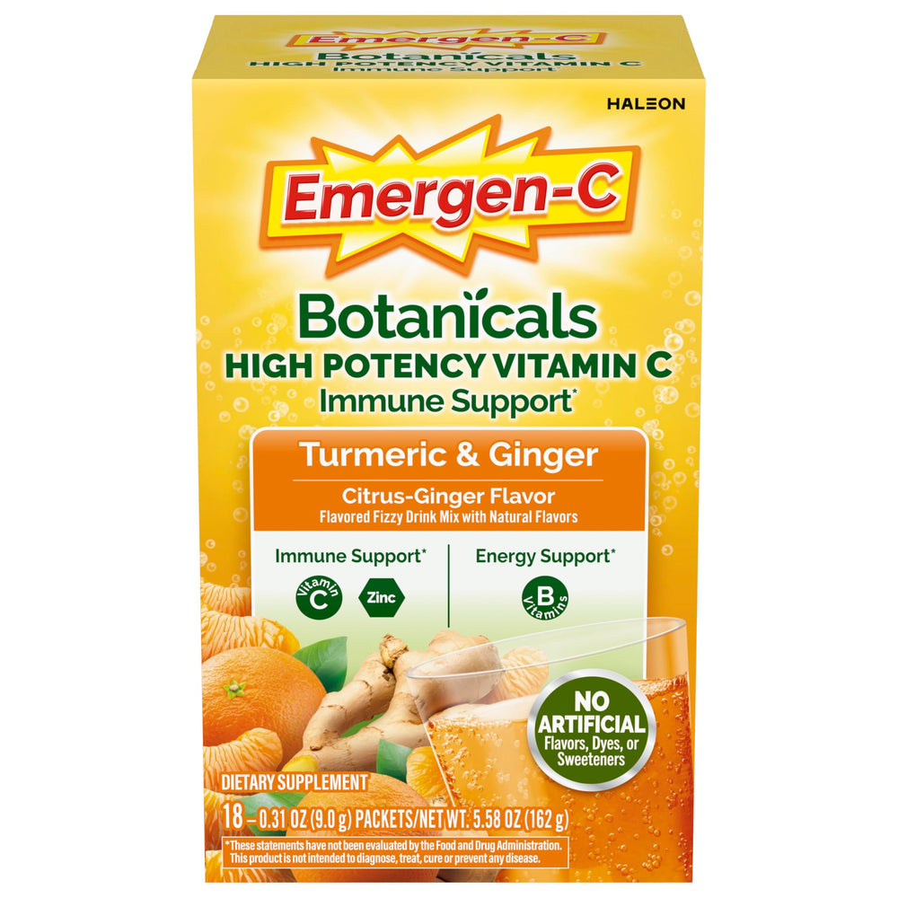 Emergen-C caja frontal Citrus-Ginger mostrando sobres y beneficios inmunológicos