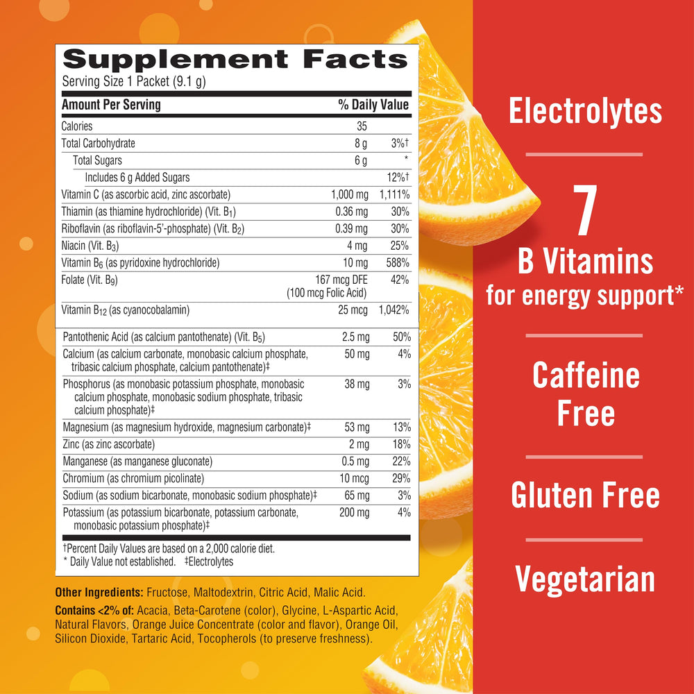 Emergen-C etiqueta nutricional cercana mostrando ingredientes clave