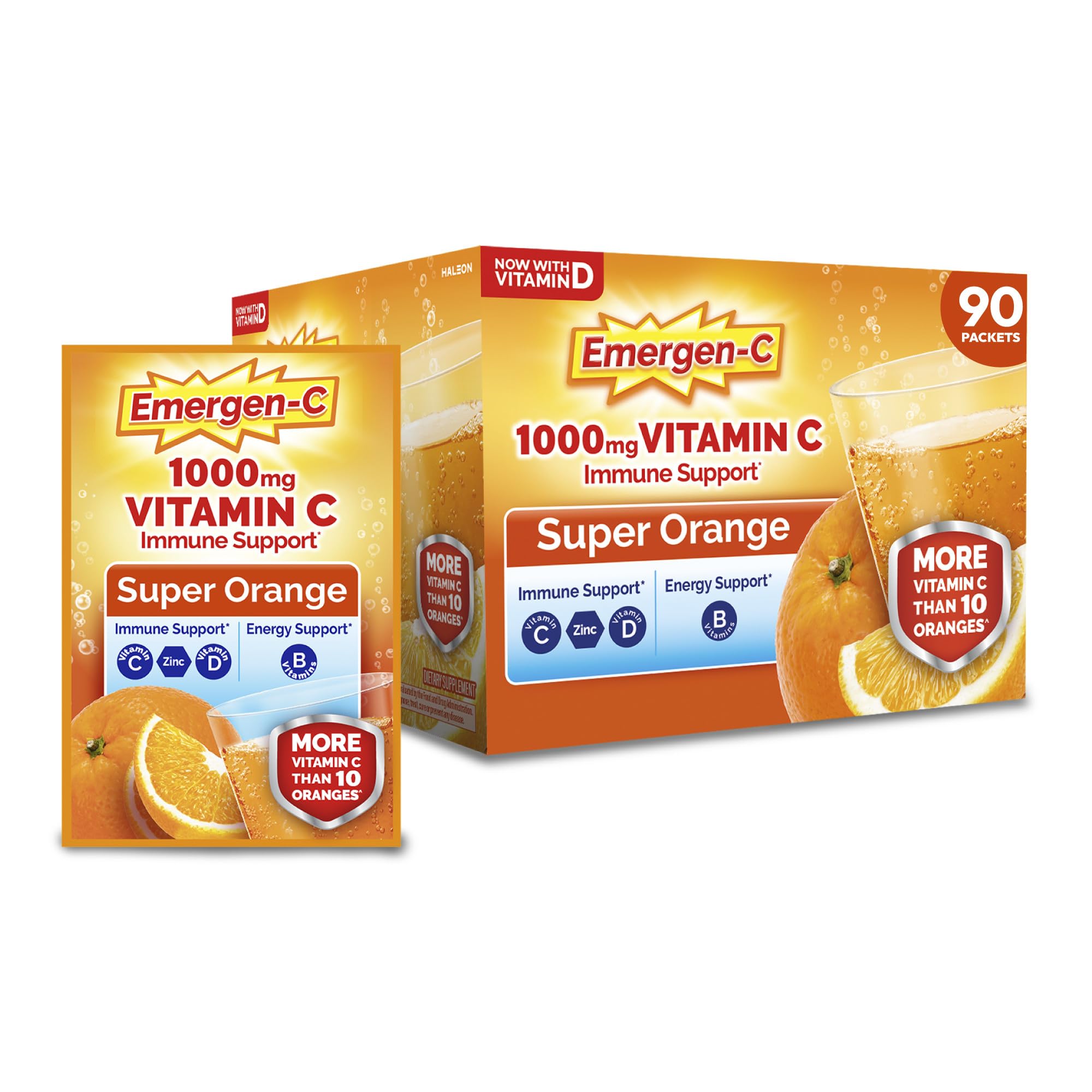 Emergen-C frente del paquete mostrando 90 sobres y conveniencia