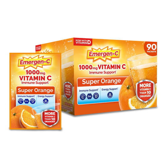Emergen-C frente del paquete mostrando 90 sobres y conveniencia