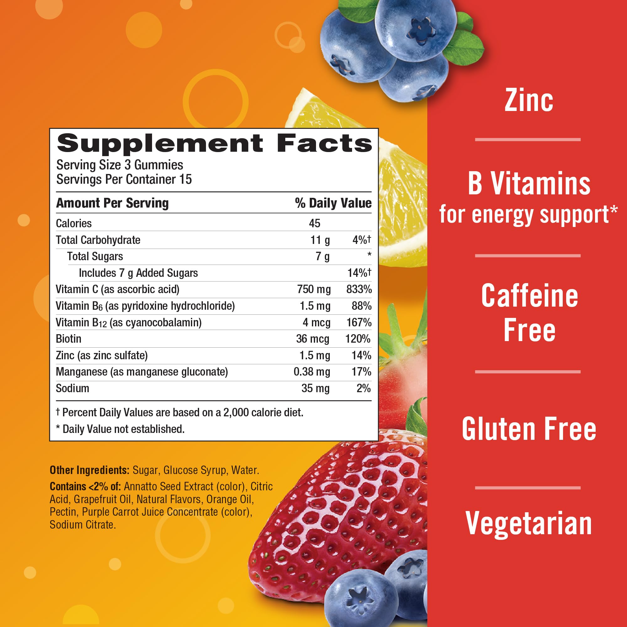 Etiqueta nutricional del frasco Emergen-C mostrando vitamina C 750 mg por porción