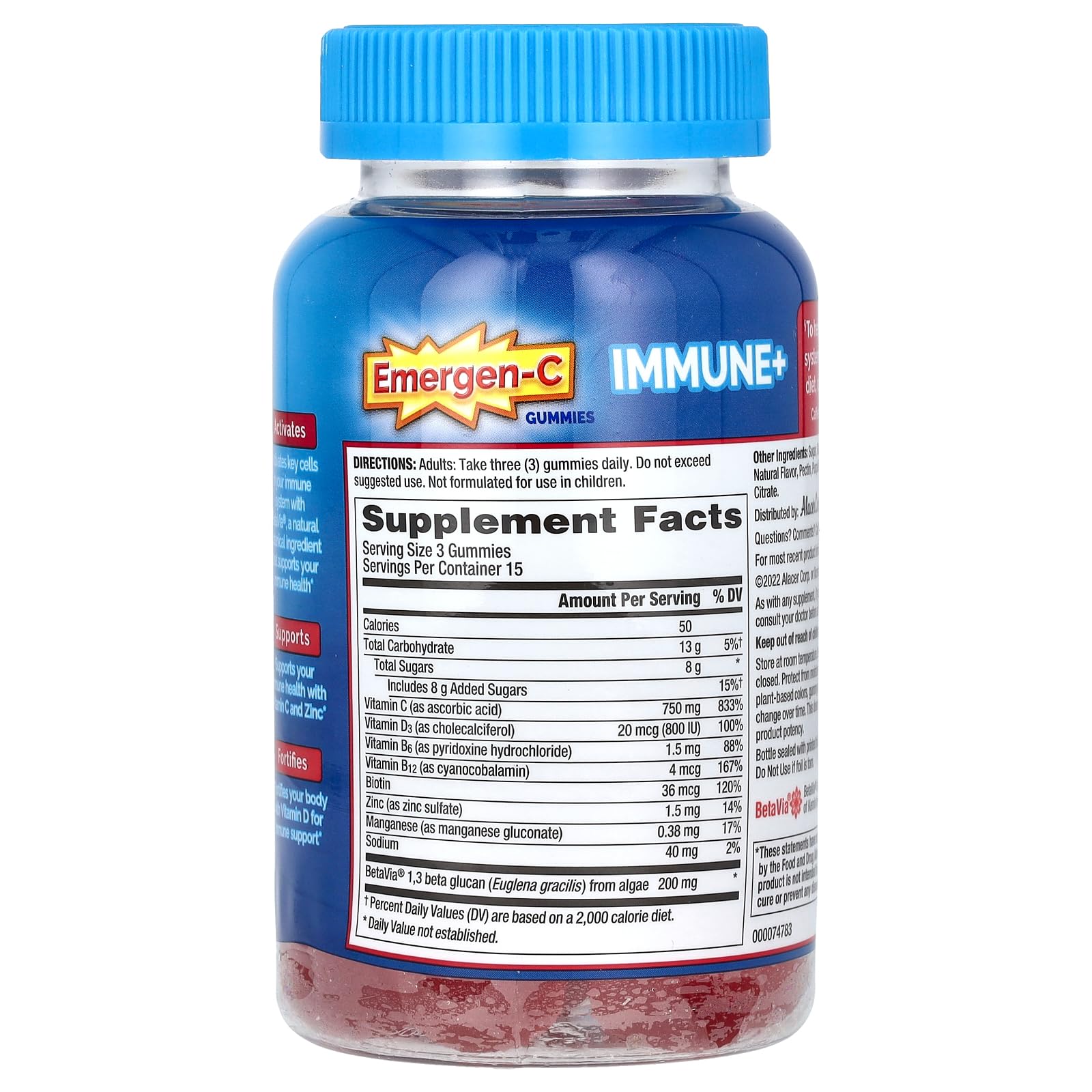Etiqueta nutricional de Emergen-C mostrando vitaminas C, D, zinc y complejo B
