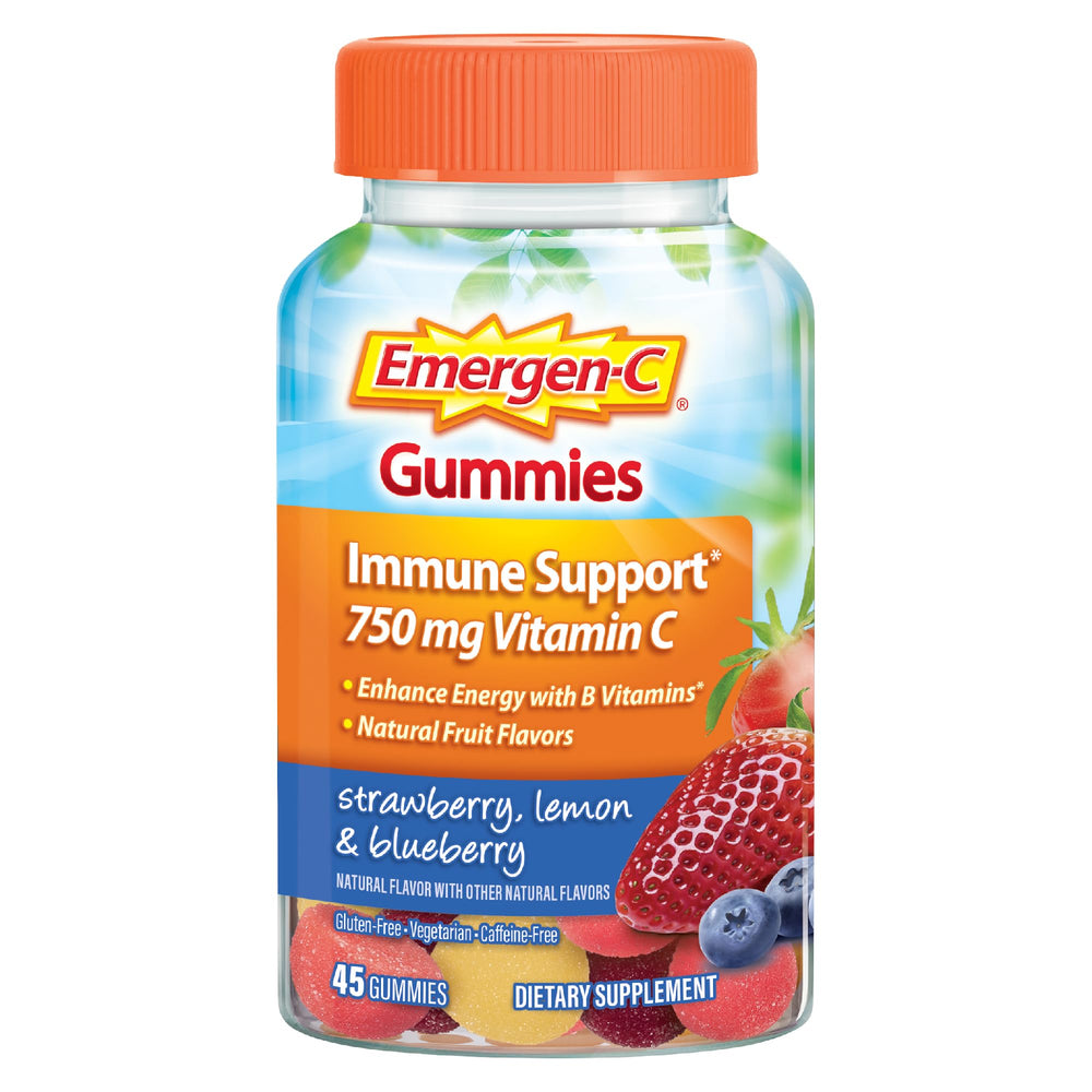Emergen-C frasco frontal mostrando 45 gomitas para comodidad diaria