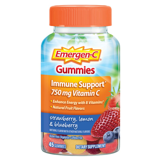 Emergen-C frasco frontal mostrando 45 gomitas para comodidad diaria