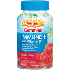 Emergen-C frasco frontal mostrando 45 gomitas y sabor frambuesa para apoyo diario