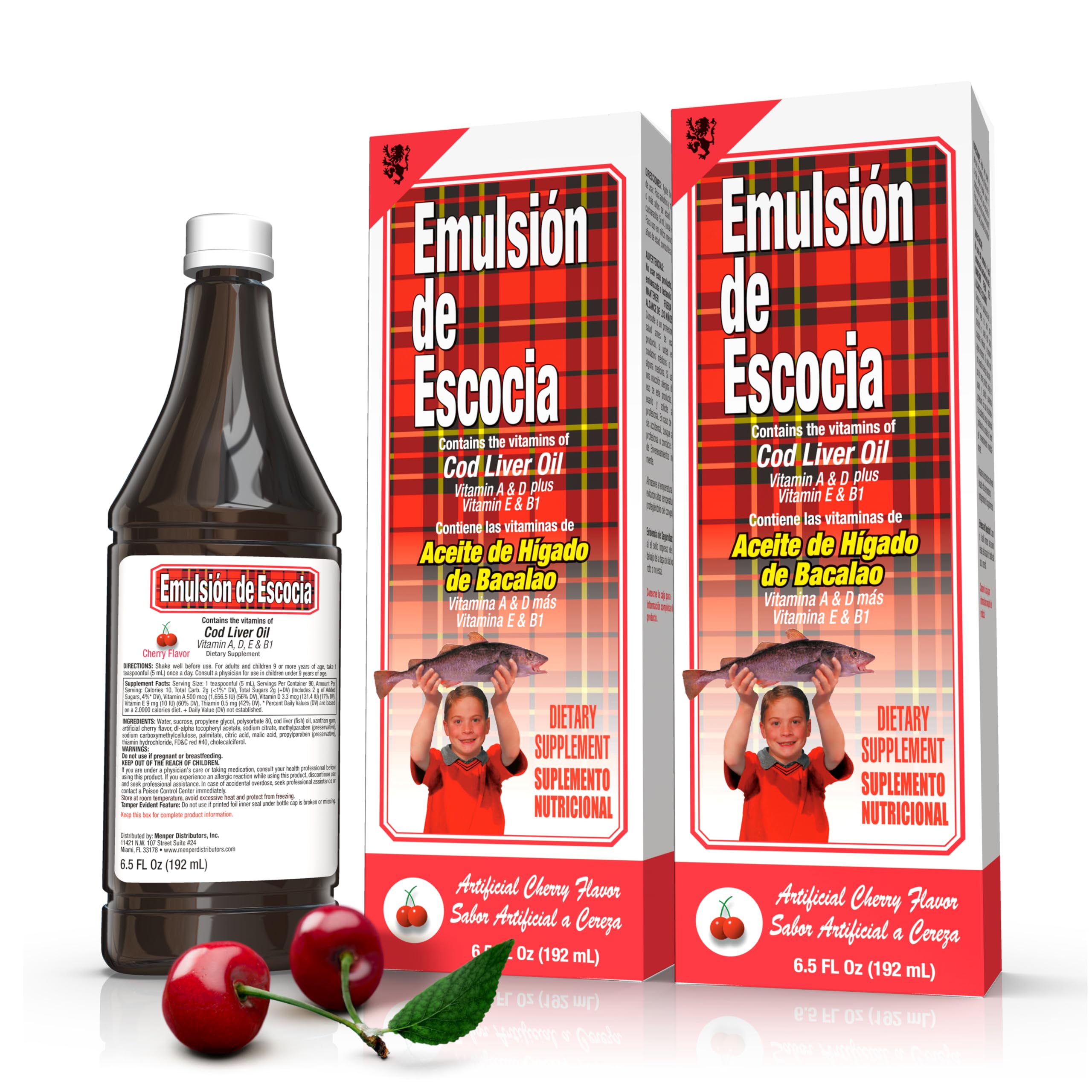 Emulsion de Escocia frasco frontal mostrando etiqueta y sabor cereza, fácil identificación