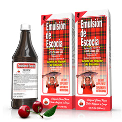 Emulsion de Escocia frasco frontal mostrando etiqueta y sabor cereza, fácil identificación