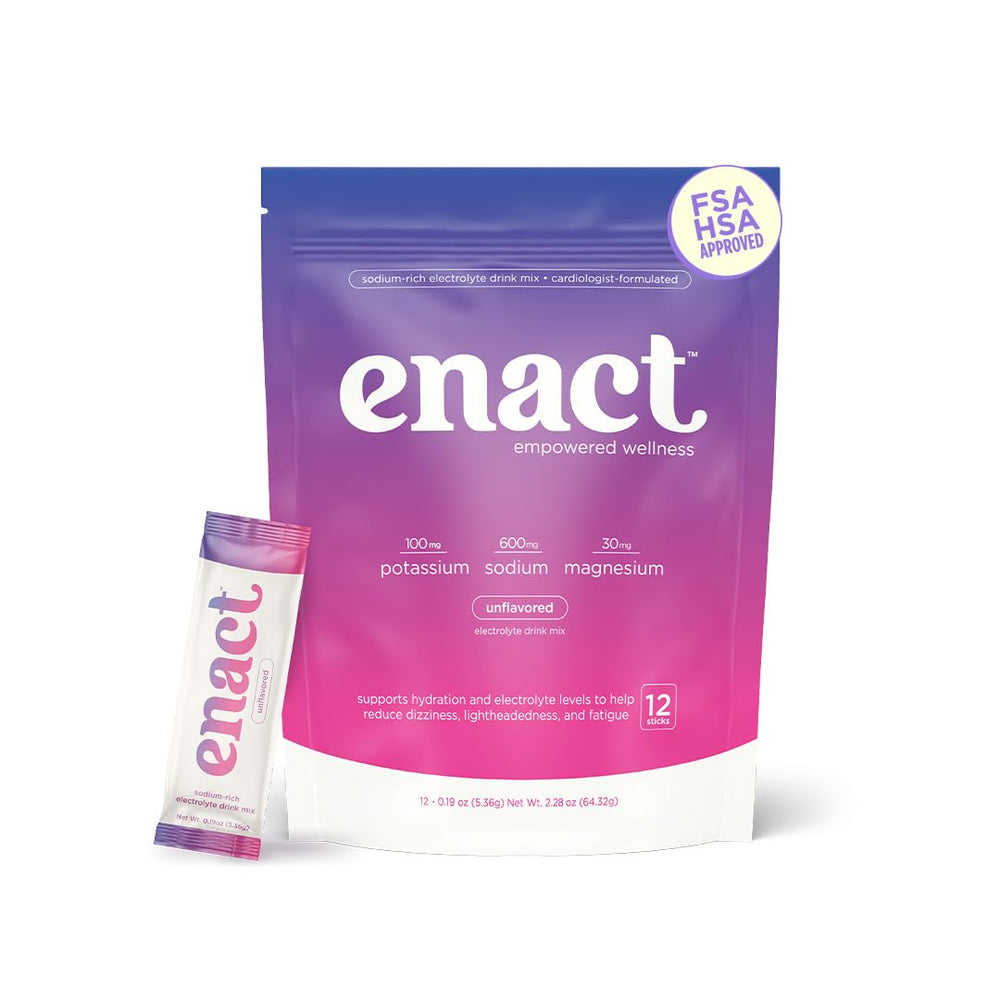 Enact Hydration frontal del empaque mostrando 12 sobres y beneficios de electrolitos