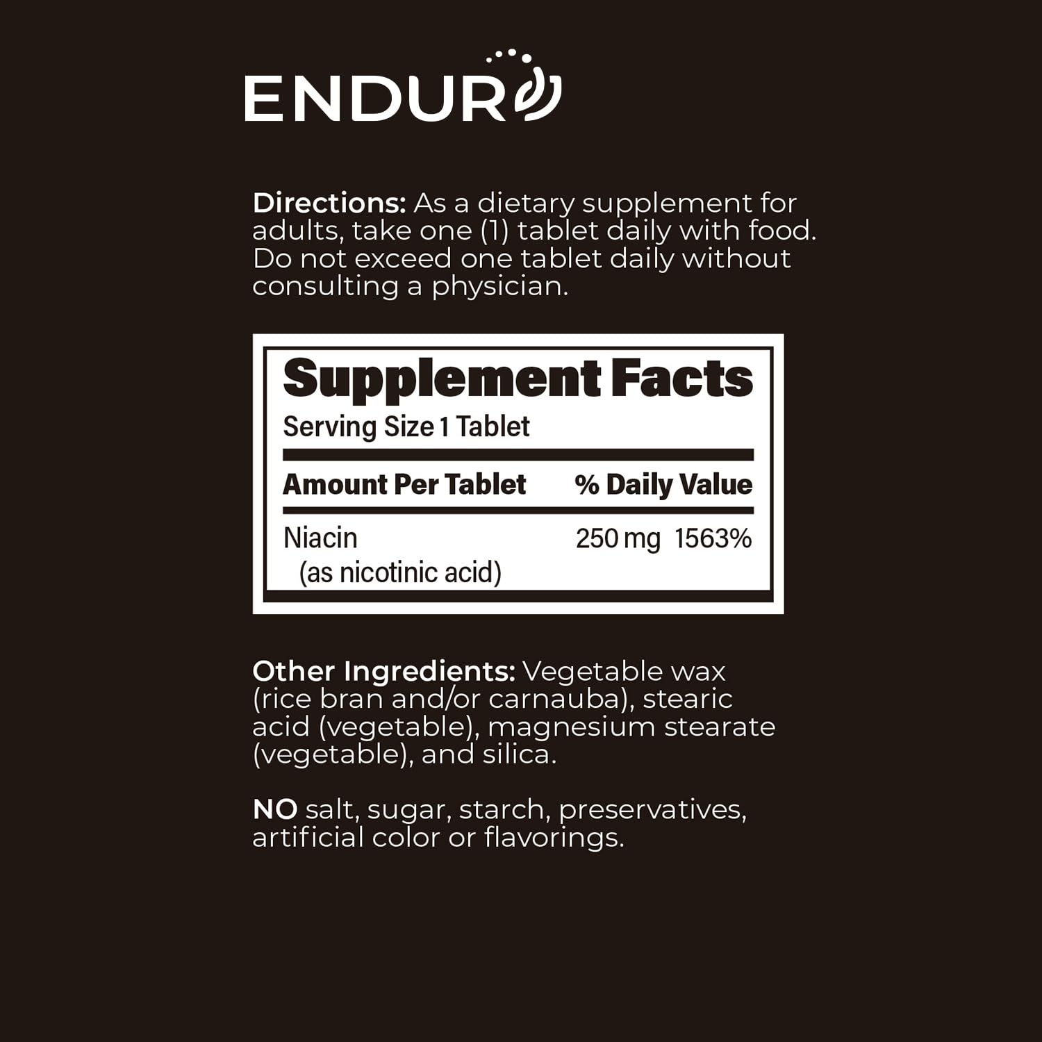Endurance ENDUR-ACIN etiqueta con listado de ingredientes y certificaciones, transparencia de formulación