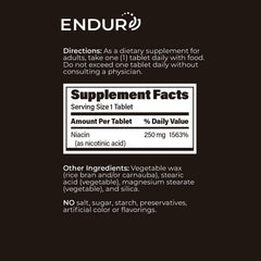 Endurance ENDUR-ACIN etiqueta con listado de ingredientes y certificaciones, transparencia de formulación