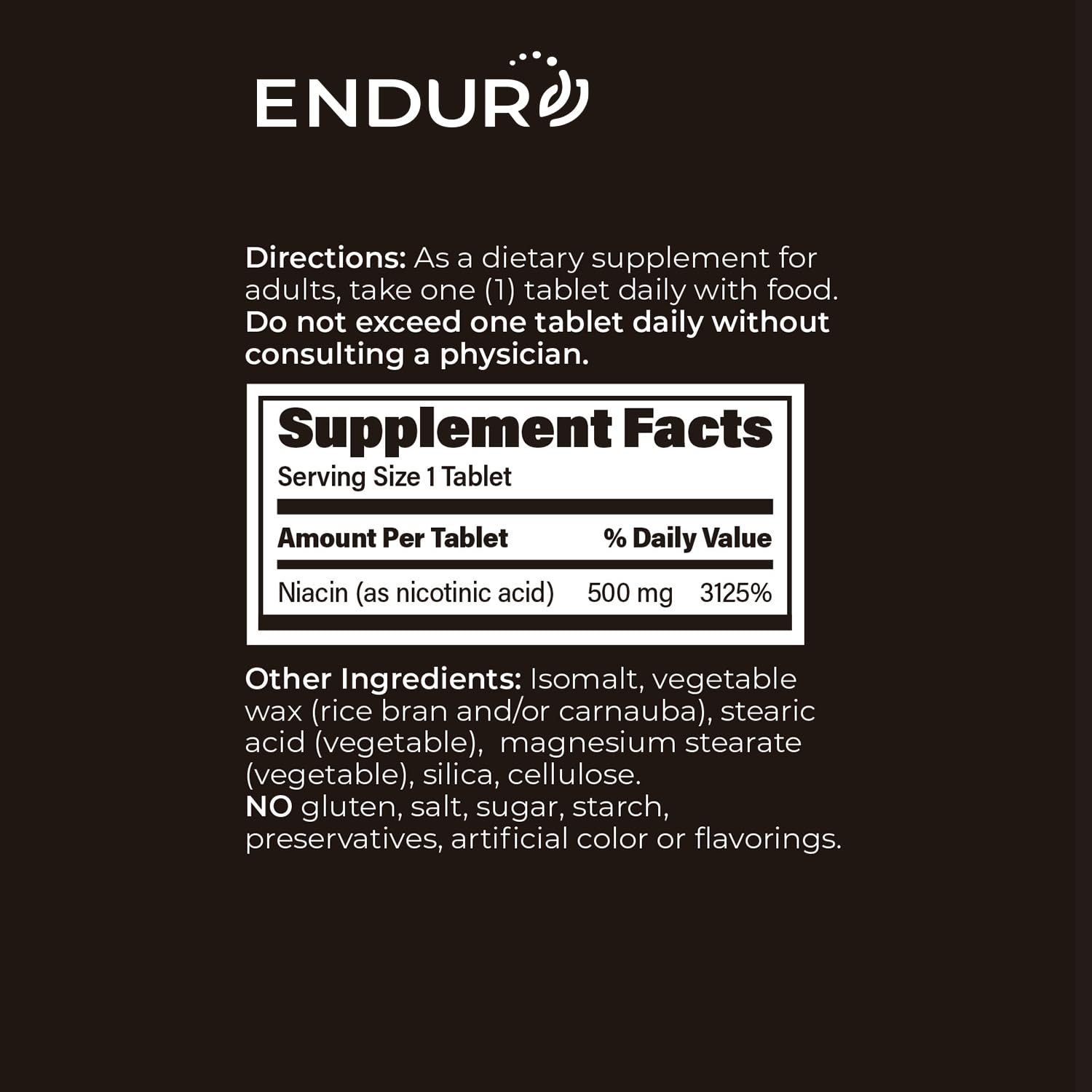 Endurance ENDUR Niacin IR tableta en mano lista para tomar con facilidad