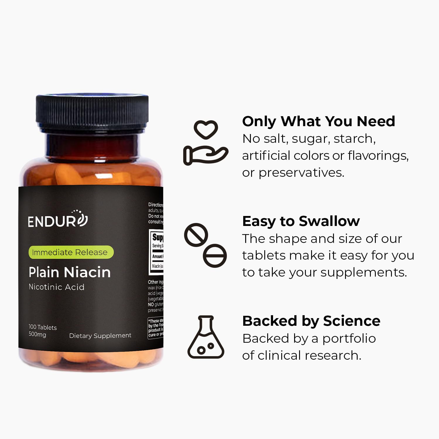 Endurance ENDUR Niacin IR tabletas junto a moneda para comparar tamaño