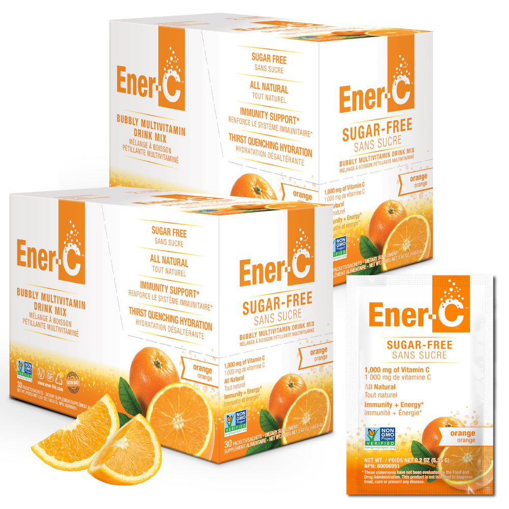 Ener-C empaque frontal naranja mostrando beneficios y sin azúcar