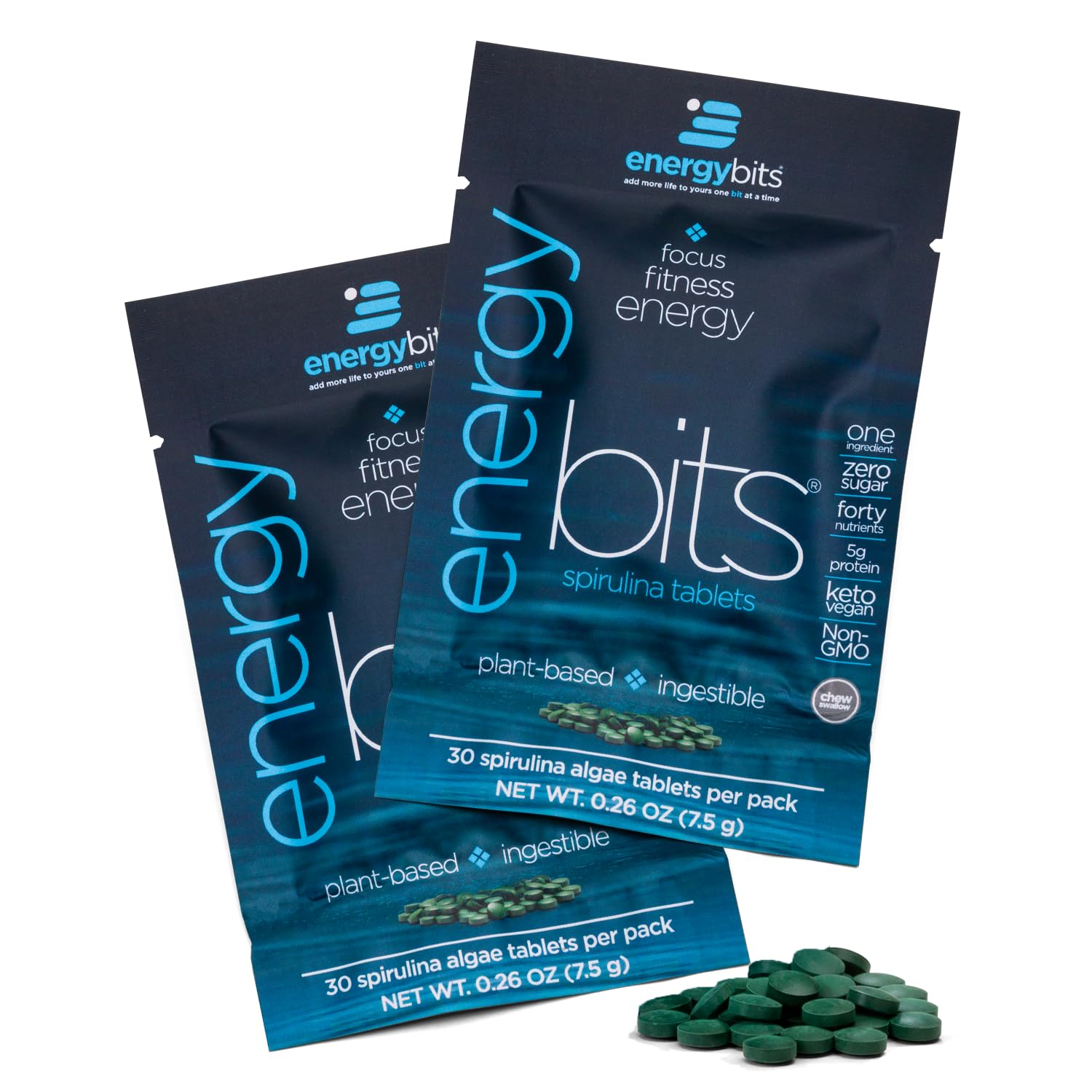 ENERGYBITS frasco frontal con tabletas, práctico y portable