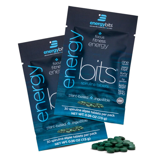 ENERGYBITS frasco frontal con tabletas, práctico y portable