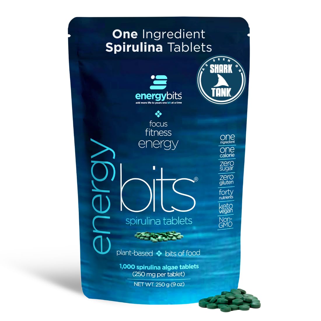 Envase ENERGYBITS Spirulina frontal mostrando diseño y practicidad