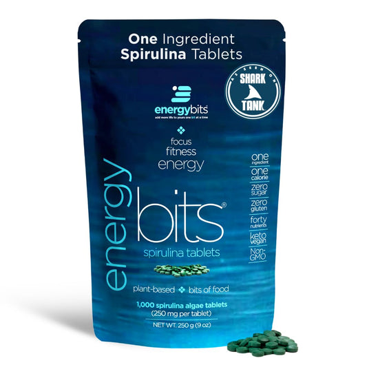 Envase ENERGYBITS Spirulina frontal mostrando diseño y practicidad