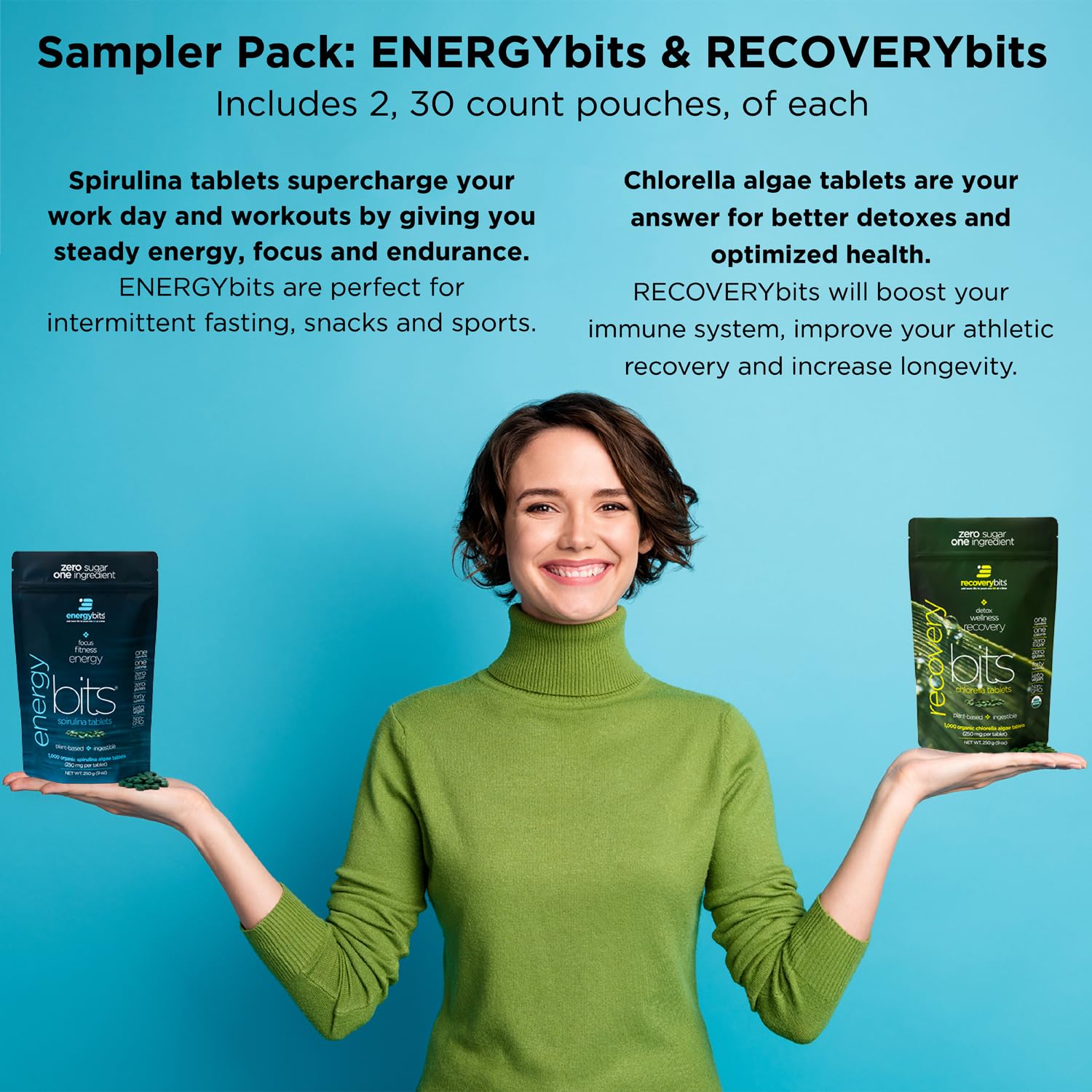 ENERGYbits tabletas en mano para comparar tamaño y tomar dosis fácilmente