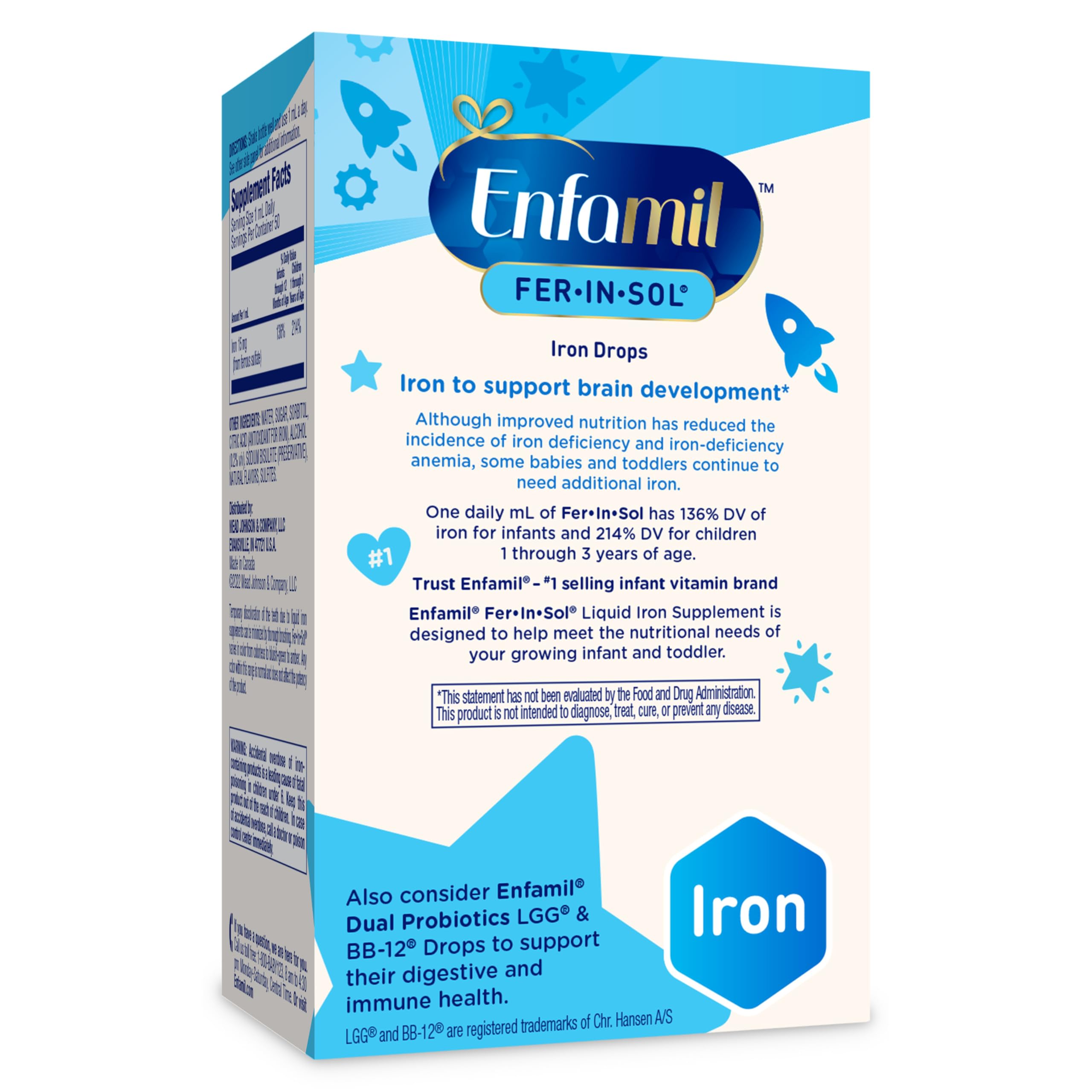 Enfamil Fer-In-Sol caja abierta mostrando el frasco y el gotero dosificador