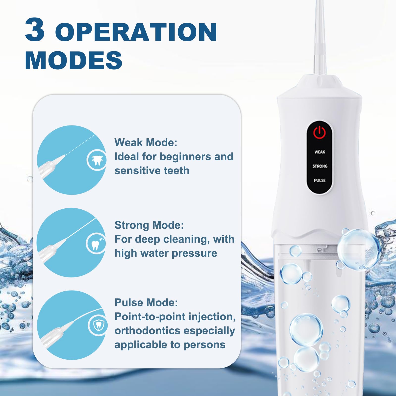 Enioem flosser en uso en baño limpiando entre dientes para higiene diaria complementaria
