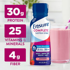 Ensure COMPLETE fresa textura cremosa vertida en vaso para consumo rápido