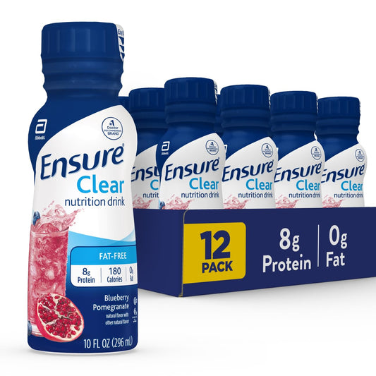 Botella Ensure Liquid Clear Blueberry Pomegranate frontal mostrando el envase y beneficios