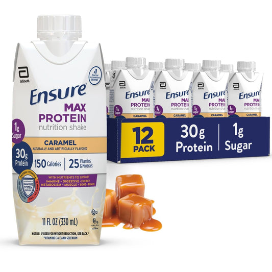 Ensure Max Protein Caramal frente del envase mostrando la marca y sabor beneficioso