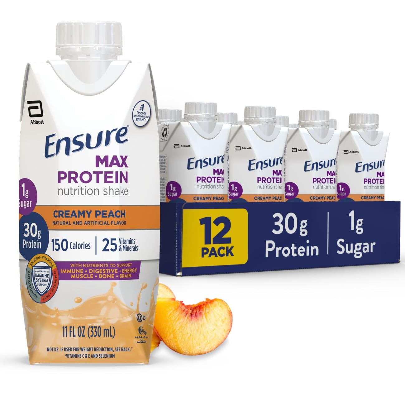 Ensure Max Protein frente del envase mostrando sabor crema durazno y beneficio nutricional