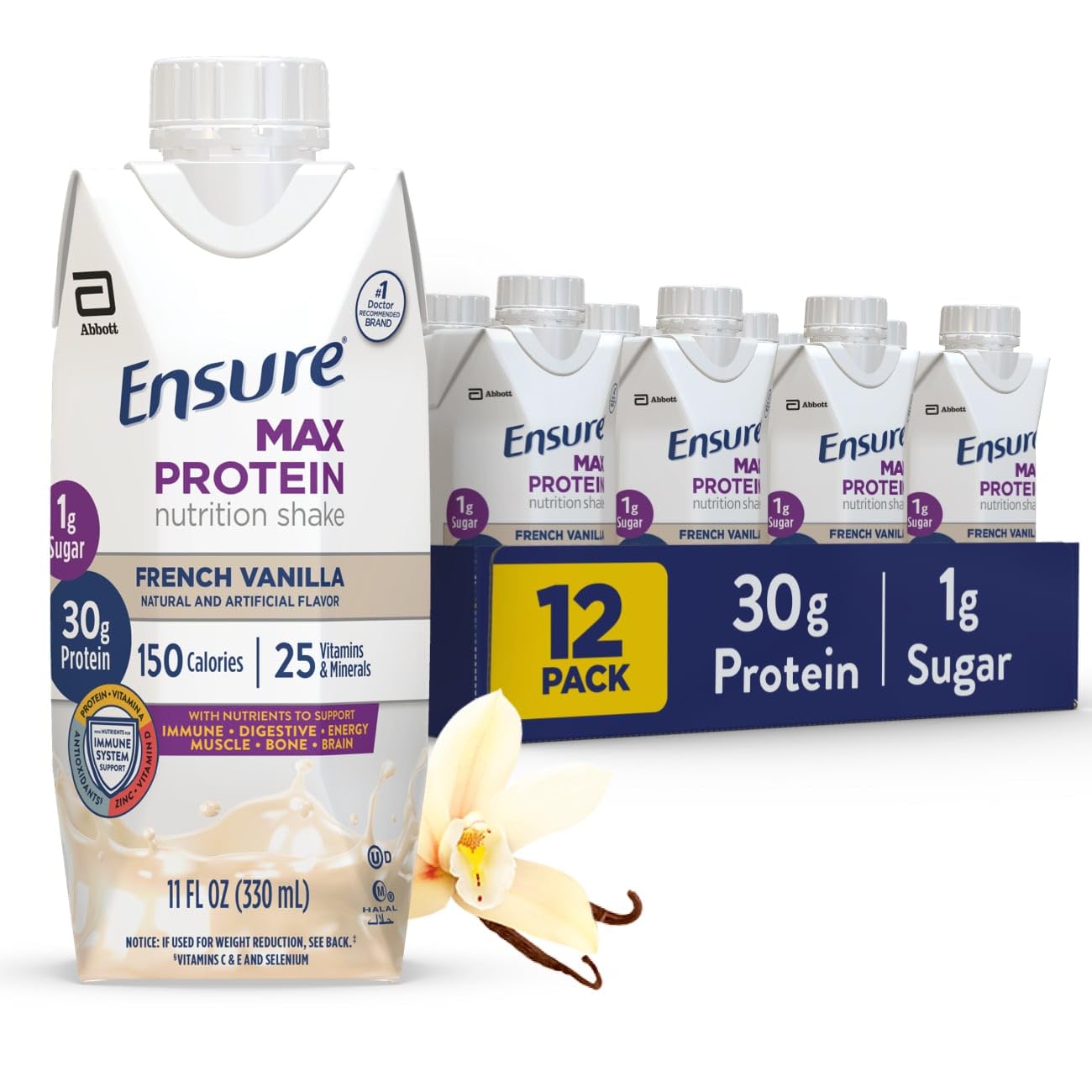 Ensure Max Protein sabor French Vanilla vista frontal con etiqueta clara y beneficio proteico