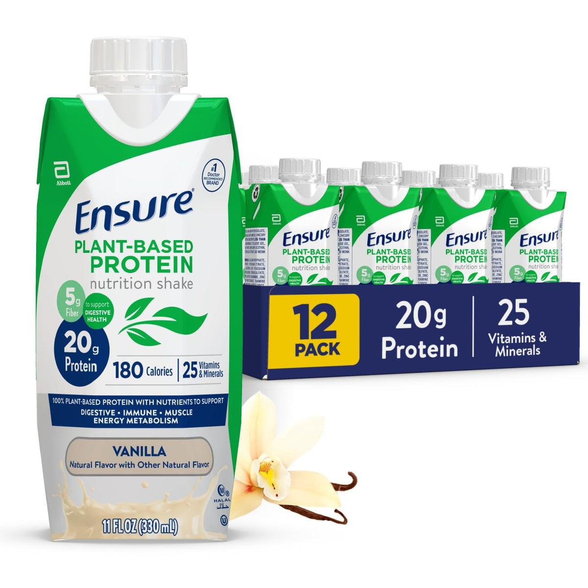 Ensure botella frontal de Plant-Based Protein Vanilla mostrando etiqueta y beneficio proteico